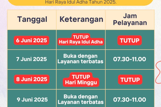 Jadwal Layanan Hari Raya Idul Adha 1446 H