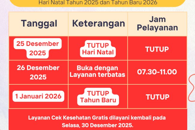 Jadwal Layanan Hari Natal dan Tahun Baru