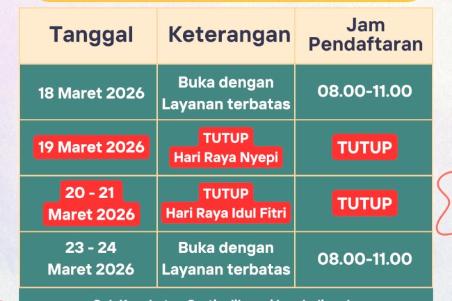 Jadwal Pelayanan Selama Hari Raya Idul Fitri 1447 H