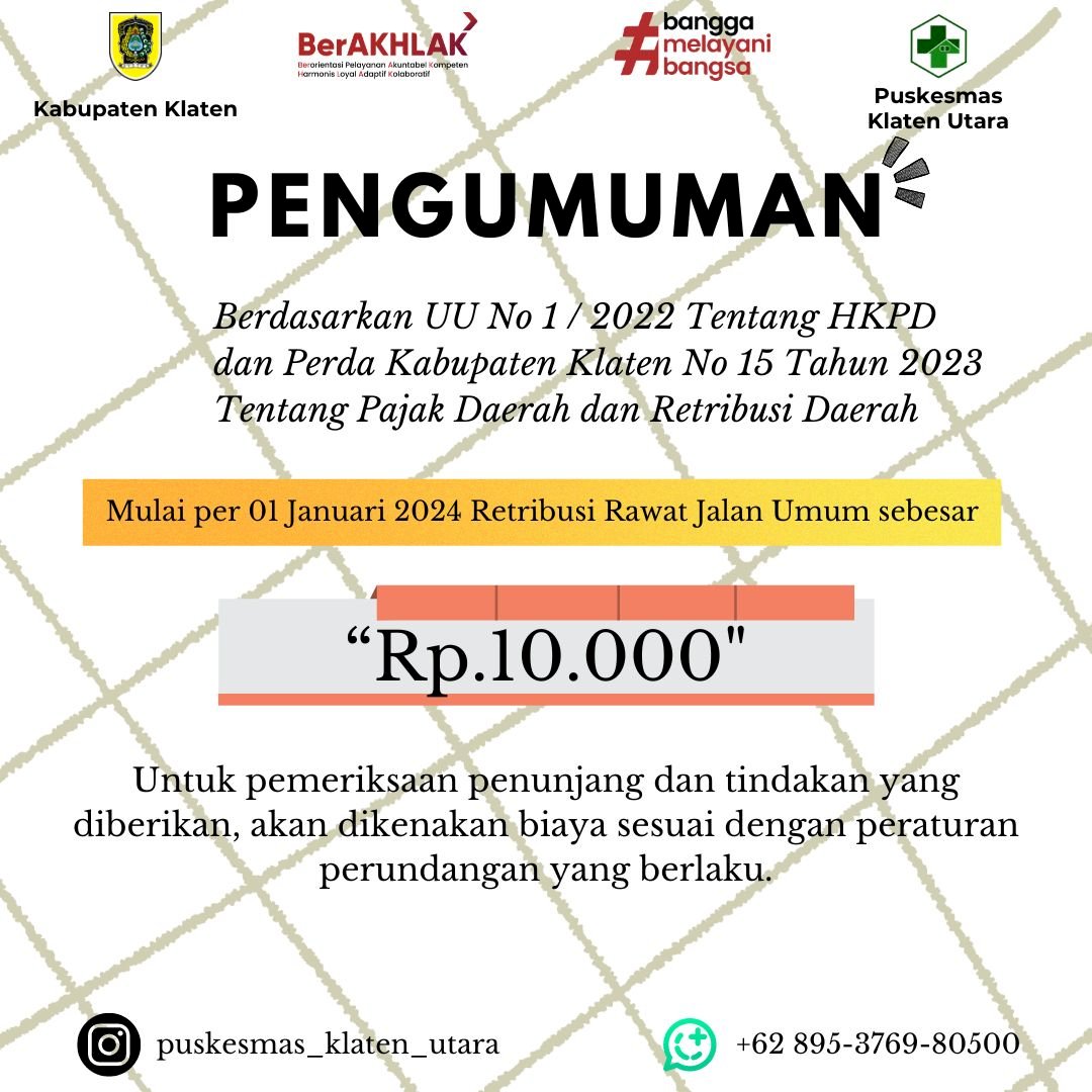 PENGUMUMAN PENTING, PERUBAHAN TARIF PELAYANAN PUSKESMAS KLATEN UTARA