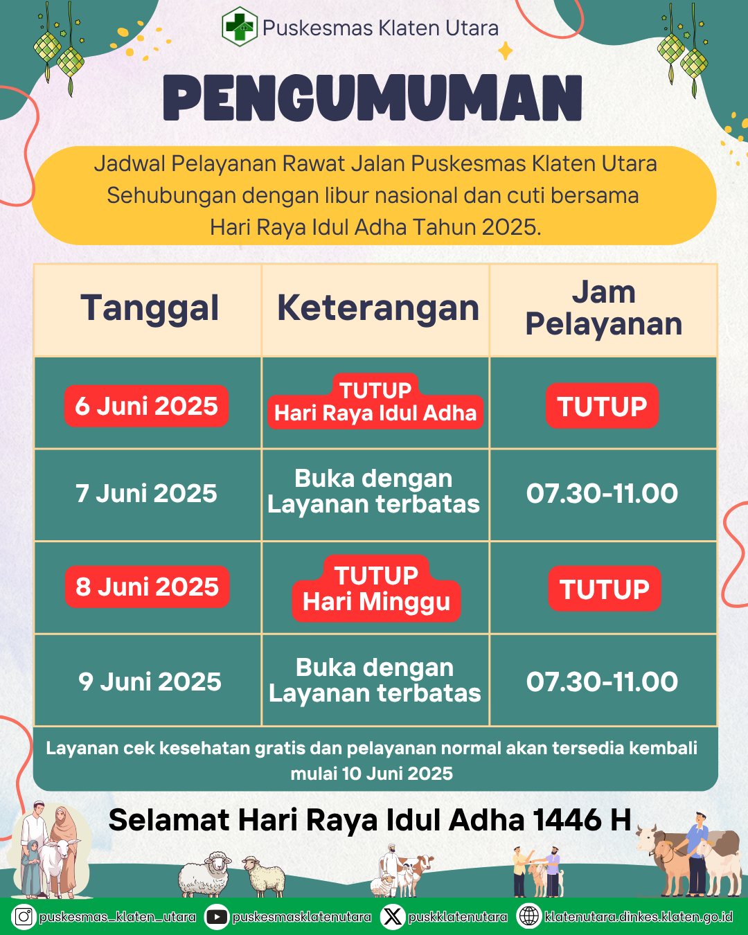 Jadwal Layanan Hari Raya Idul Adha 1446 H
