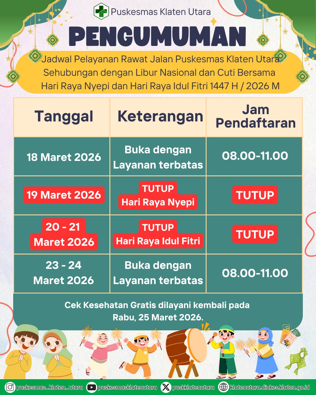 Jadwal Pelayanan Selama Hari Raya Idul Fitri 1447 H